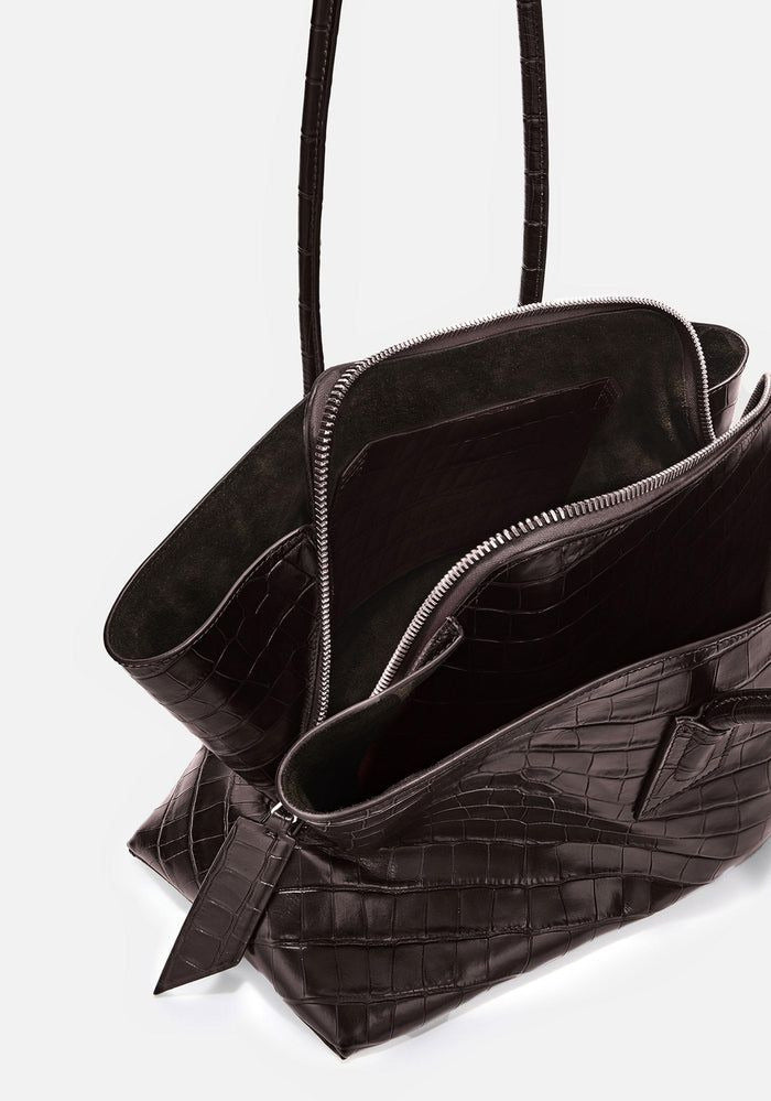 Luxury dark brown leather tote bag front view with croc embossed pattern