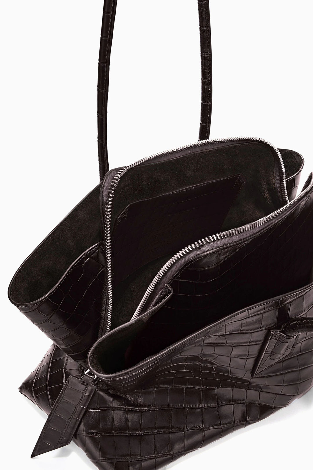 Sculptural croc-effect leather shoulder tote with asymmetric draped silhouette