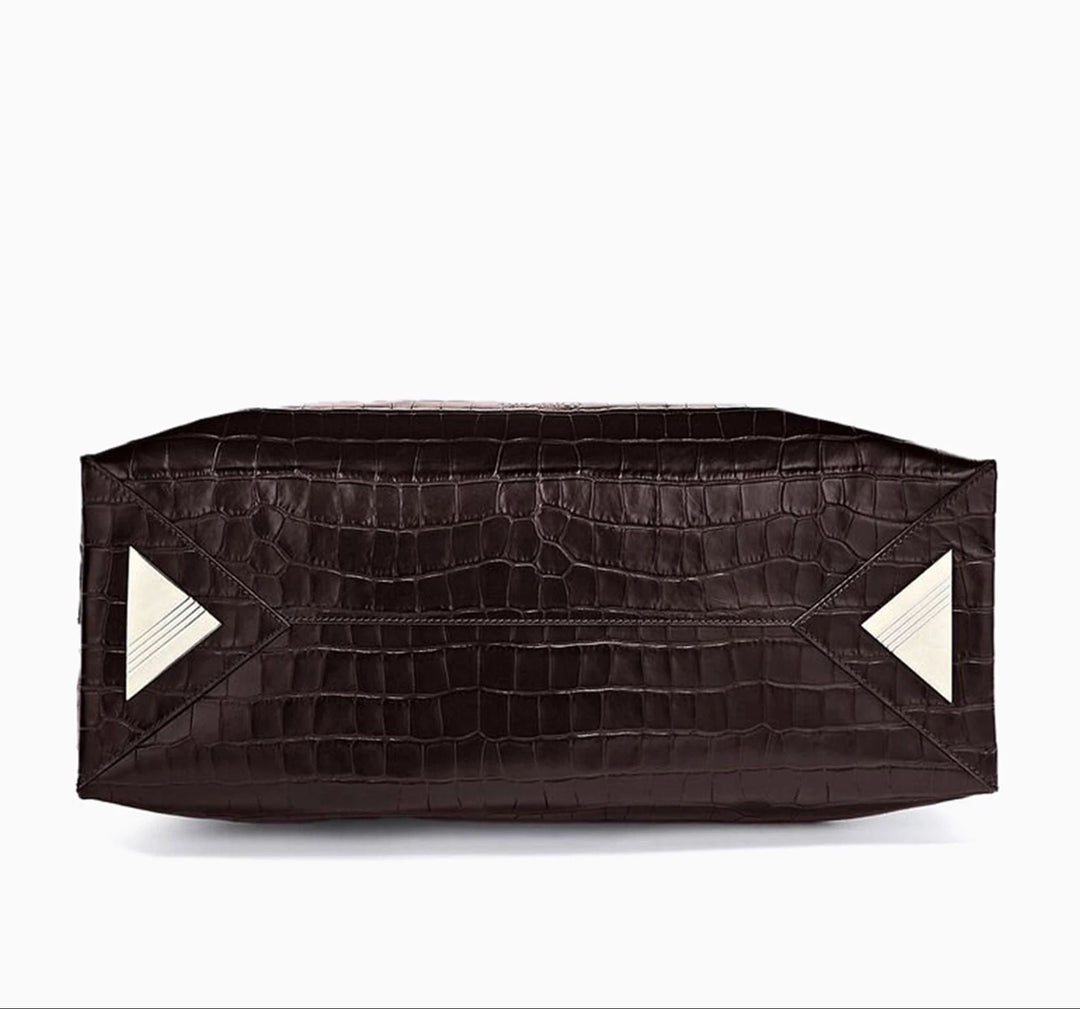 Premium calf leather croc tote bag back view with clean structured body