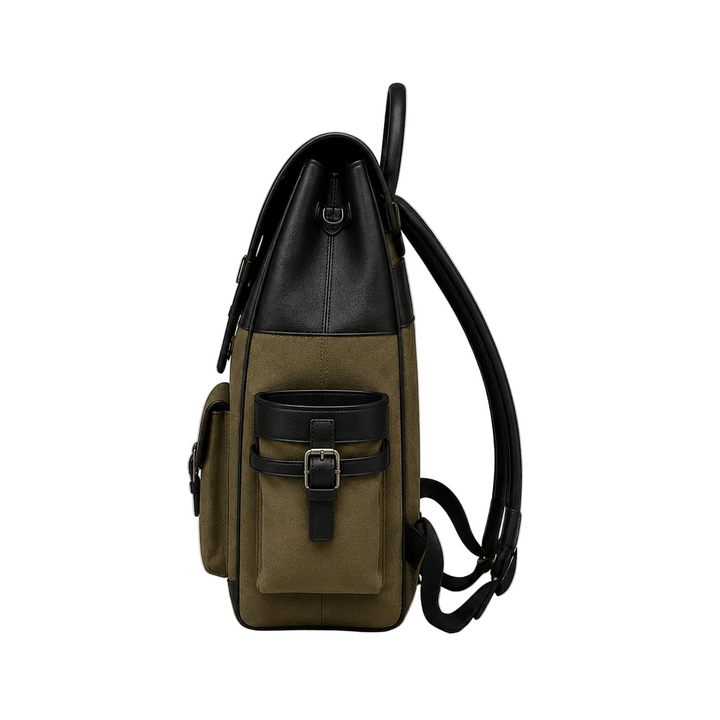 Olive green backpack with black leather accents on a white background