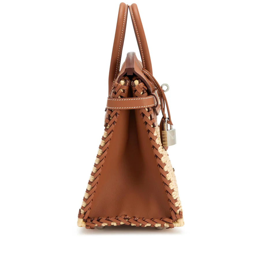 Structured woven wicker tote with leather trim