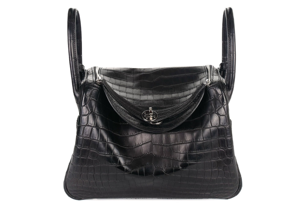 Luxury black crocodile leather Lindy tote bag with silver palladium turn-lock closure