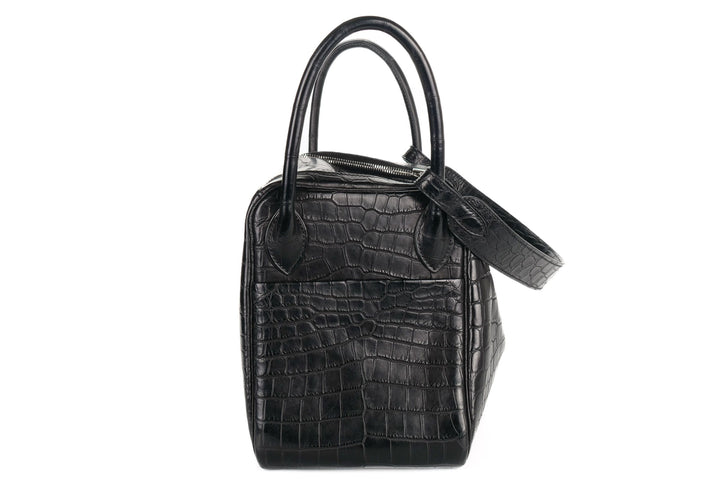 Black matte crocodile handbag palladium hardware close up detail shot