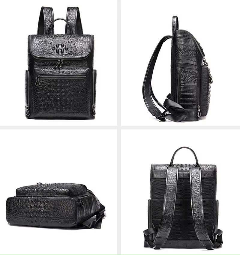 Brown alligator-embossed flap backpack angle view showing laptop