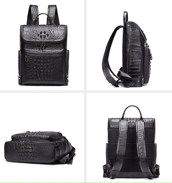 Brown alligator-embossed flap backpack angle view showing laptop