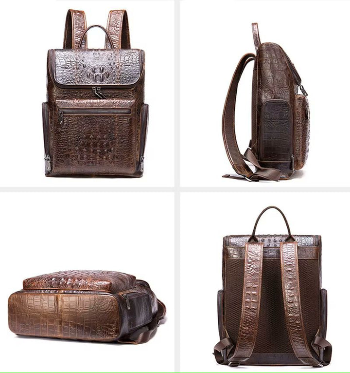 Brown alligator-embossed flap backpack 
