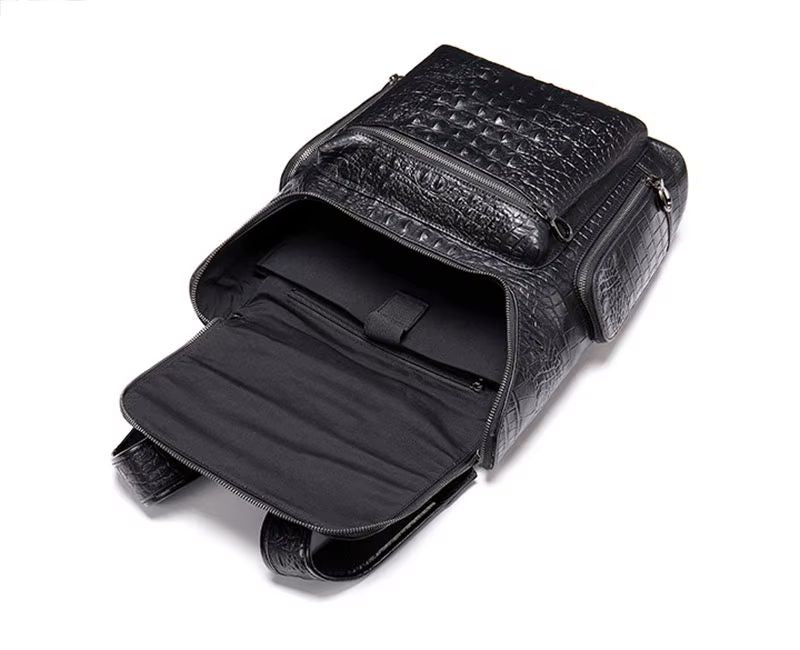 Brown croc-embossed travel backpack lifestyle shot on clean studio surface
