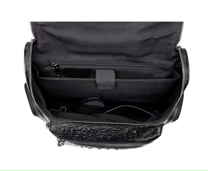 Black croc-embossed genuine leather backpack product shot on white background
