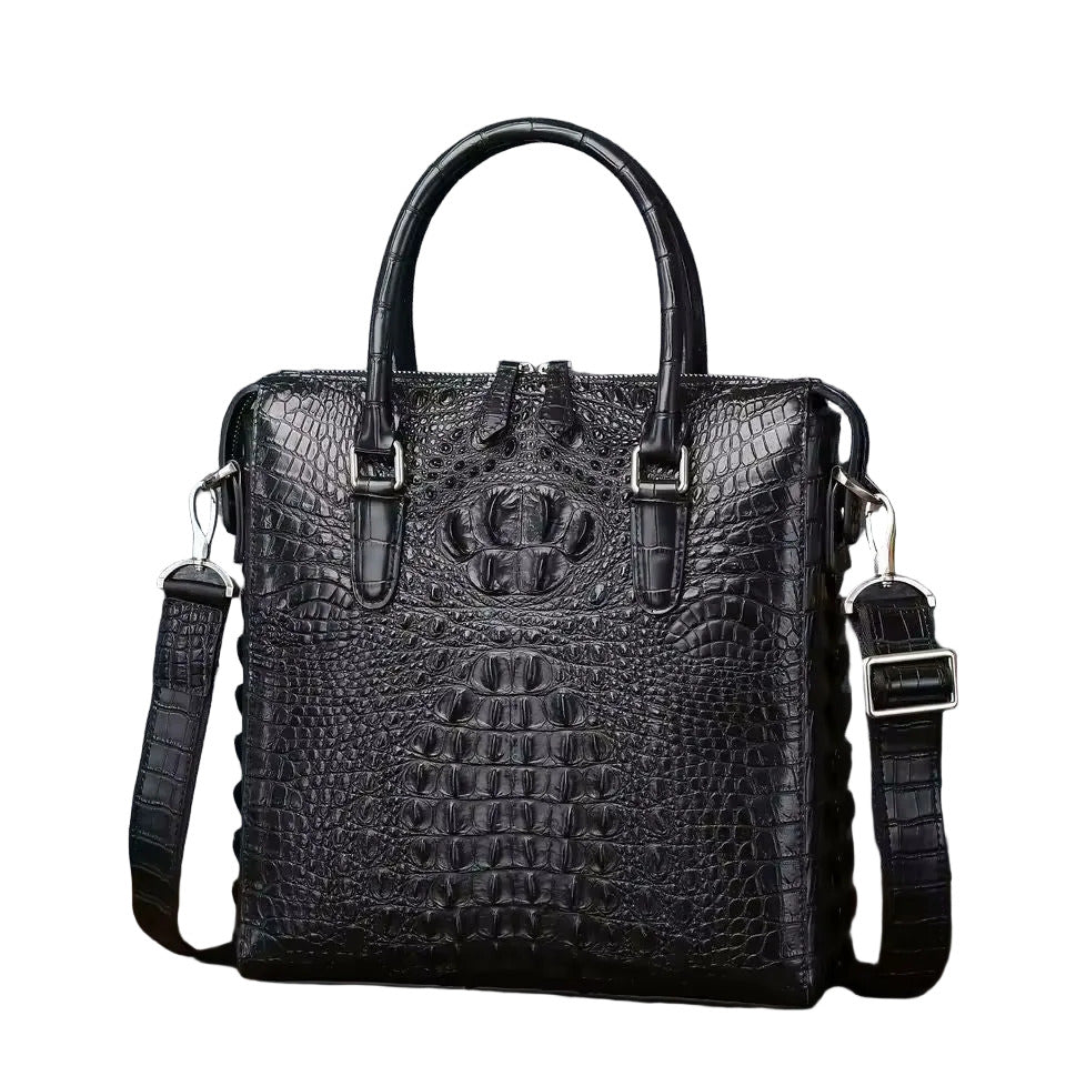 Black croc-embossed genuine leather briefcase with dual top handles on grey textured background
