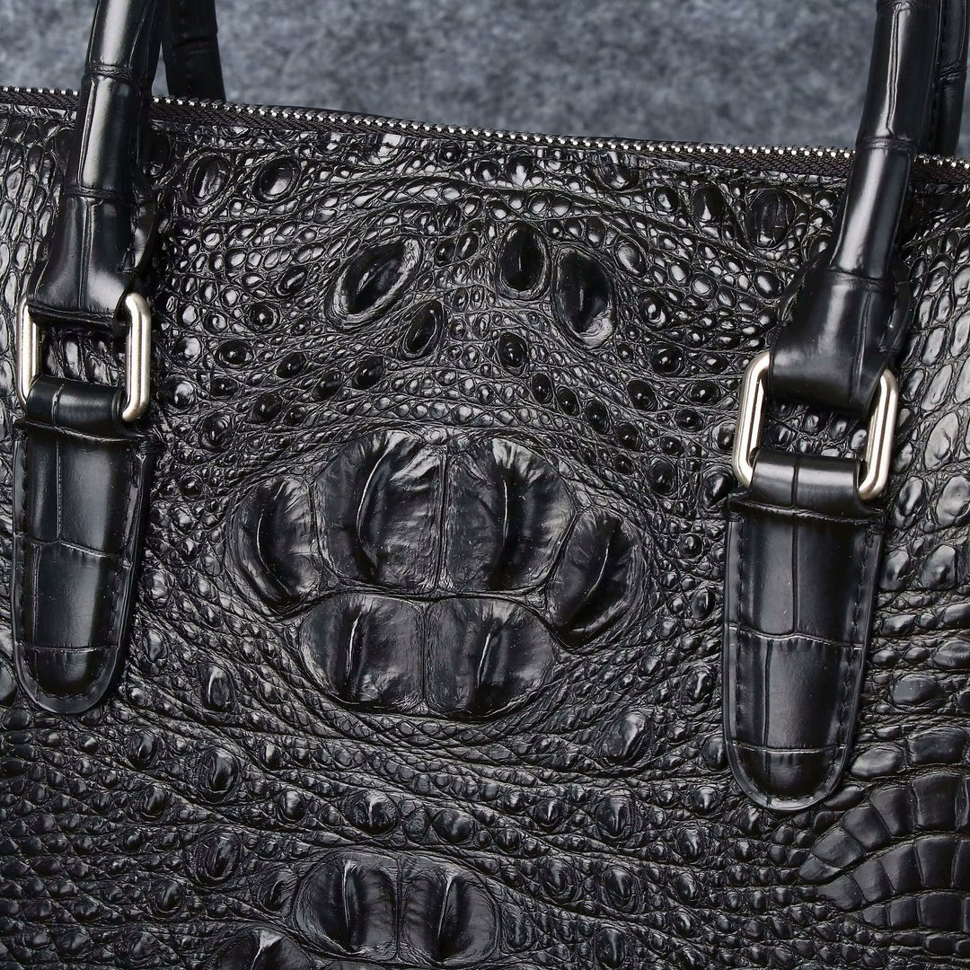 Namrico croc-embossed briefcase front view showing exterior slit pocket and structured body
