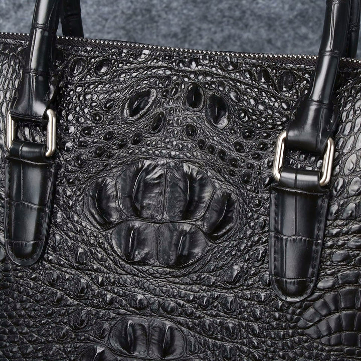 Namrico croc-embossed briefcase front view showing exterior slit pocket and structured body
