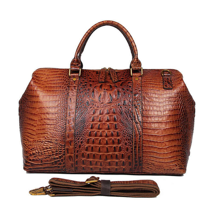 Croc embossed leather duffel with zip top closure