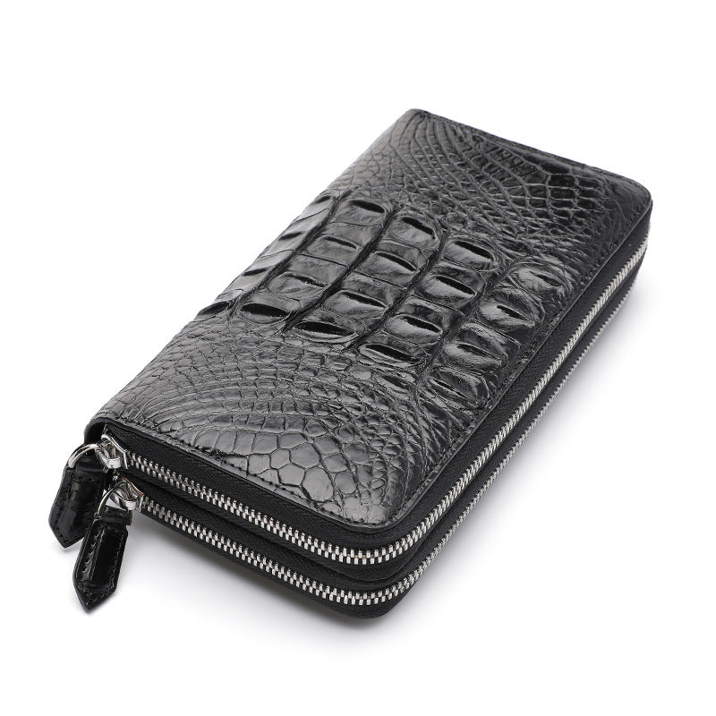 Black premium crocodile leather double zip wallet with silver hardware