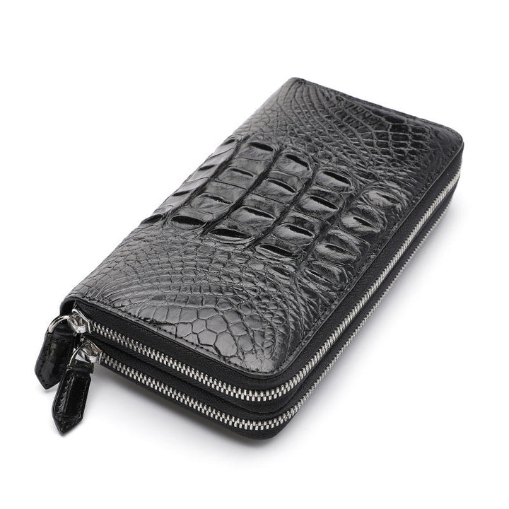 Black premium crocodile leather double zip wallet with silver hardware
