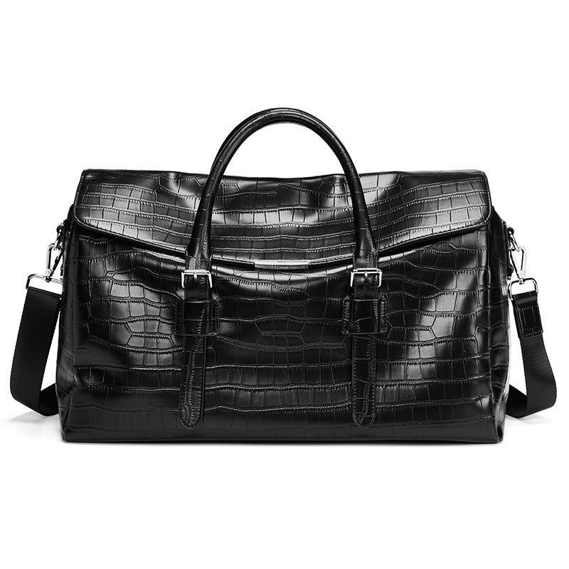 Black crocodile embossed leather travel duffel bag with silver buckles