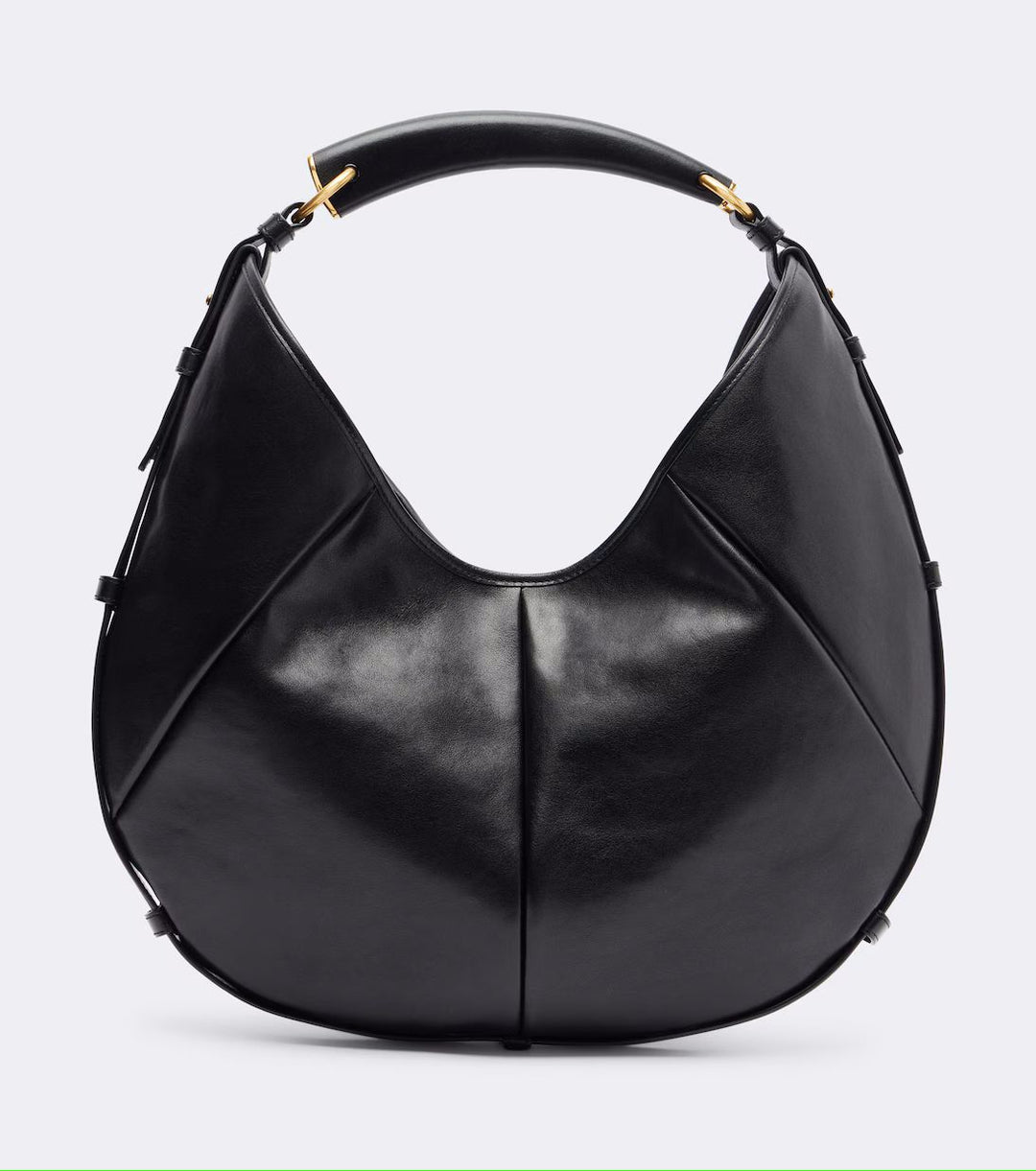 A black leather hobo handbag with gold-tone hardware, shown against a light gray background.