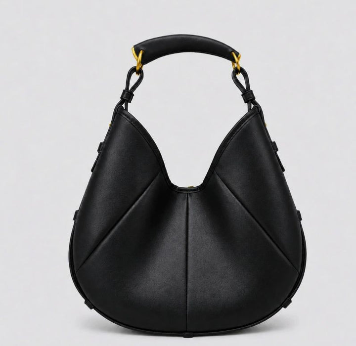 A black pebbled leather hobo handbag with a curved top handle, gold-tone hardware, and a subtle stitched geometric pattern, shown against a light gray background.