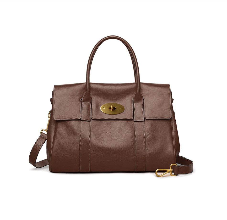 Large genuine leather tote bag front view with signature gold lock closure