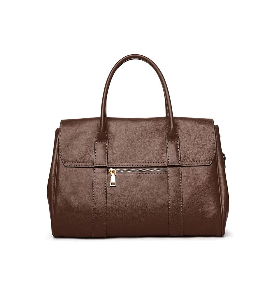 European retro leather tote bag back view with inner digging pocket