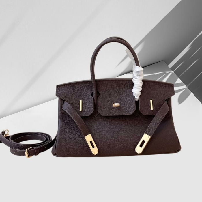 Namrico full-grain leather top handle luxury tote bag in tan brown with gold hardware