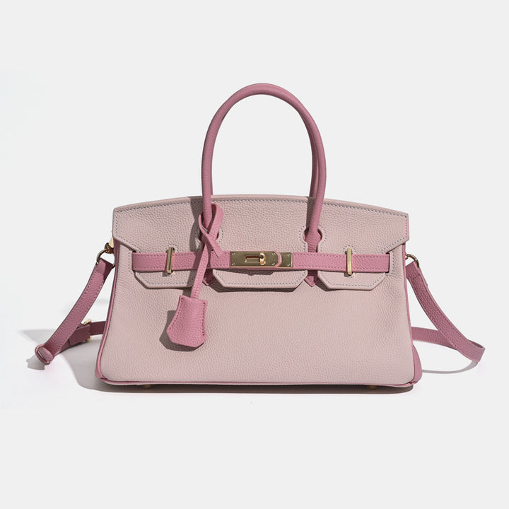 Luxury leather top handle bag interior view with zip pocket phone and ID compartments