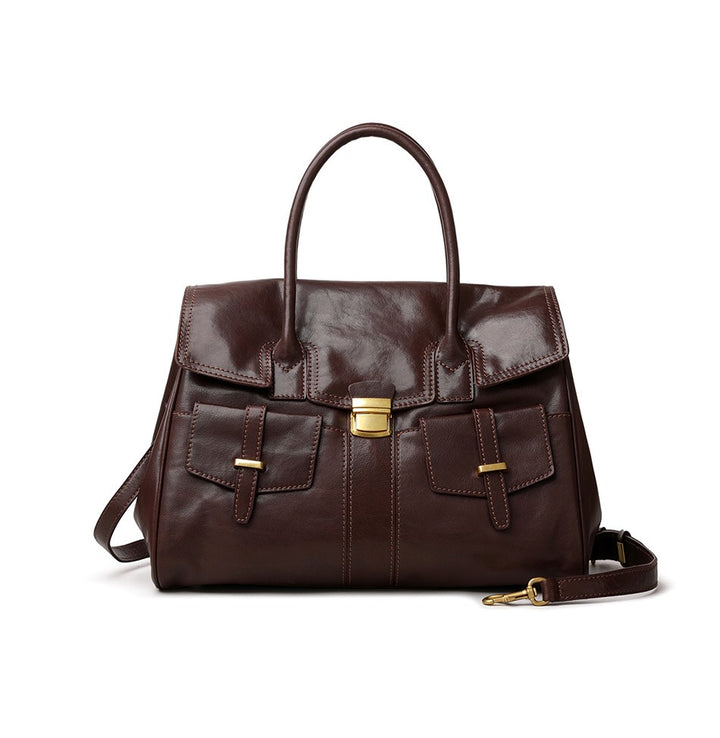 European retro style leather tote bag in camel with front flap and gold lock