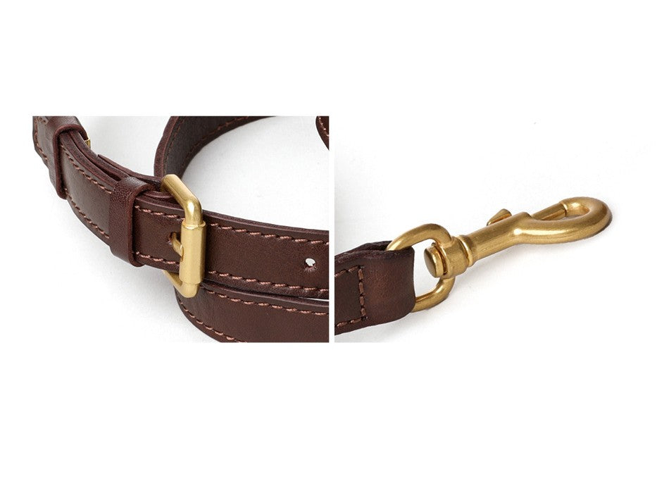 Brown leather strap with gold metal clip on a white background