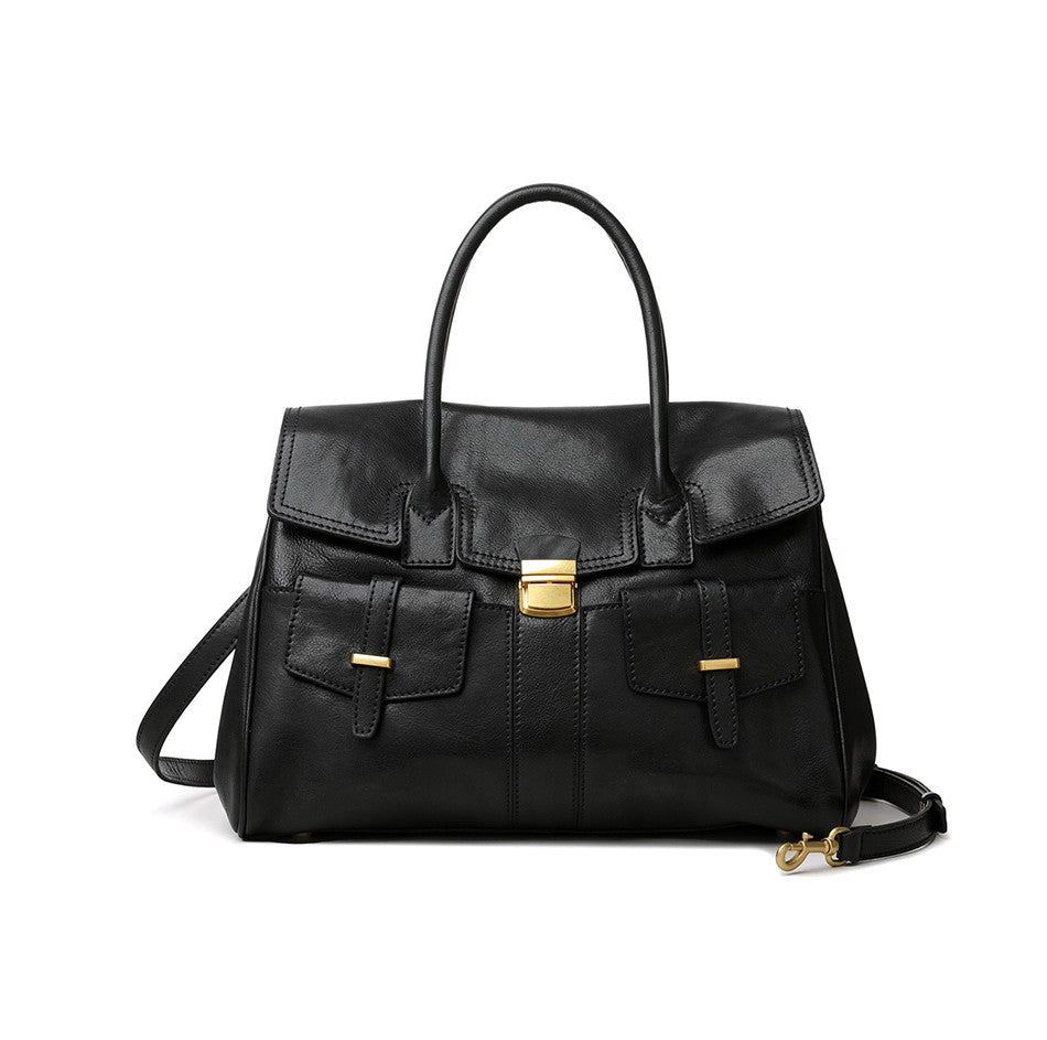 Large genuine leather shoulder tote bag front view with flap cover closure
