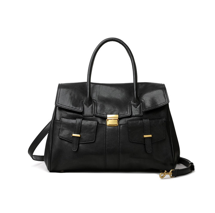 Large genuine leather shoulder tote bag front view with flap cover closure