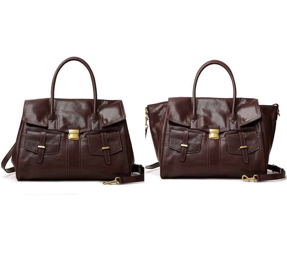 First layer cowhide retro tote bag side view with crossbody strap detail