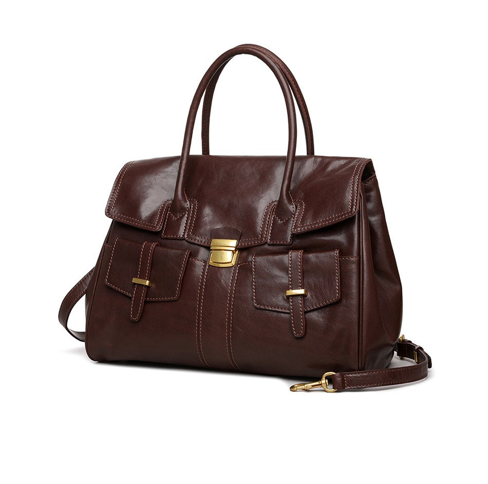 Coffee brown genuine leather tote bag top view with rolled leather handles