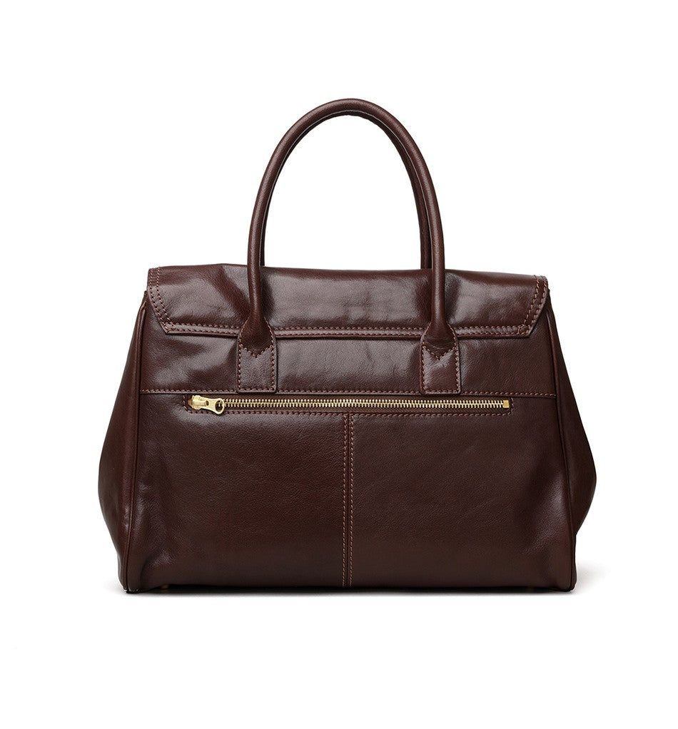 Large capacity genuine cowhide tote bag in black with gold turn-lock closure