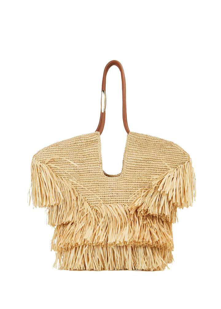 Beige woven handbag with fringe details on a white background