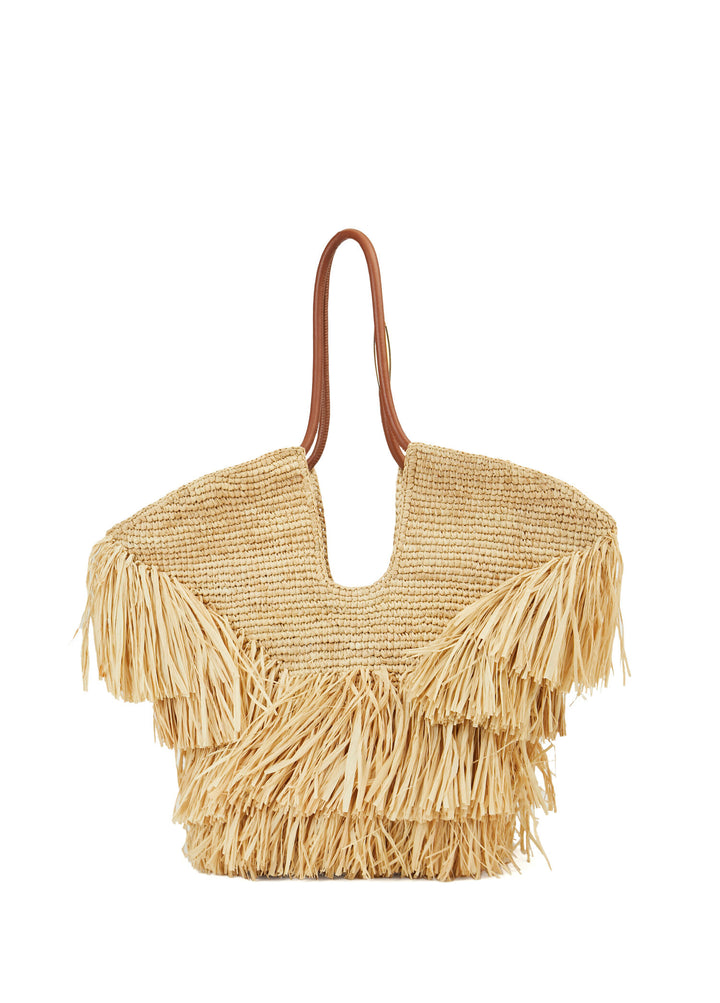 Beige woven handbag with fringe details on a white background