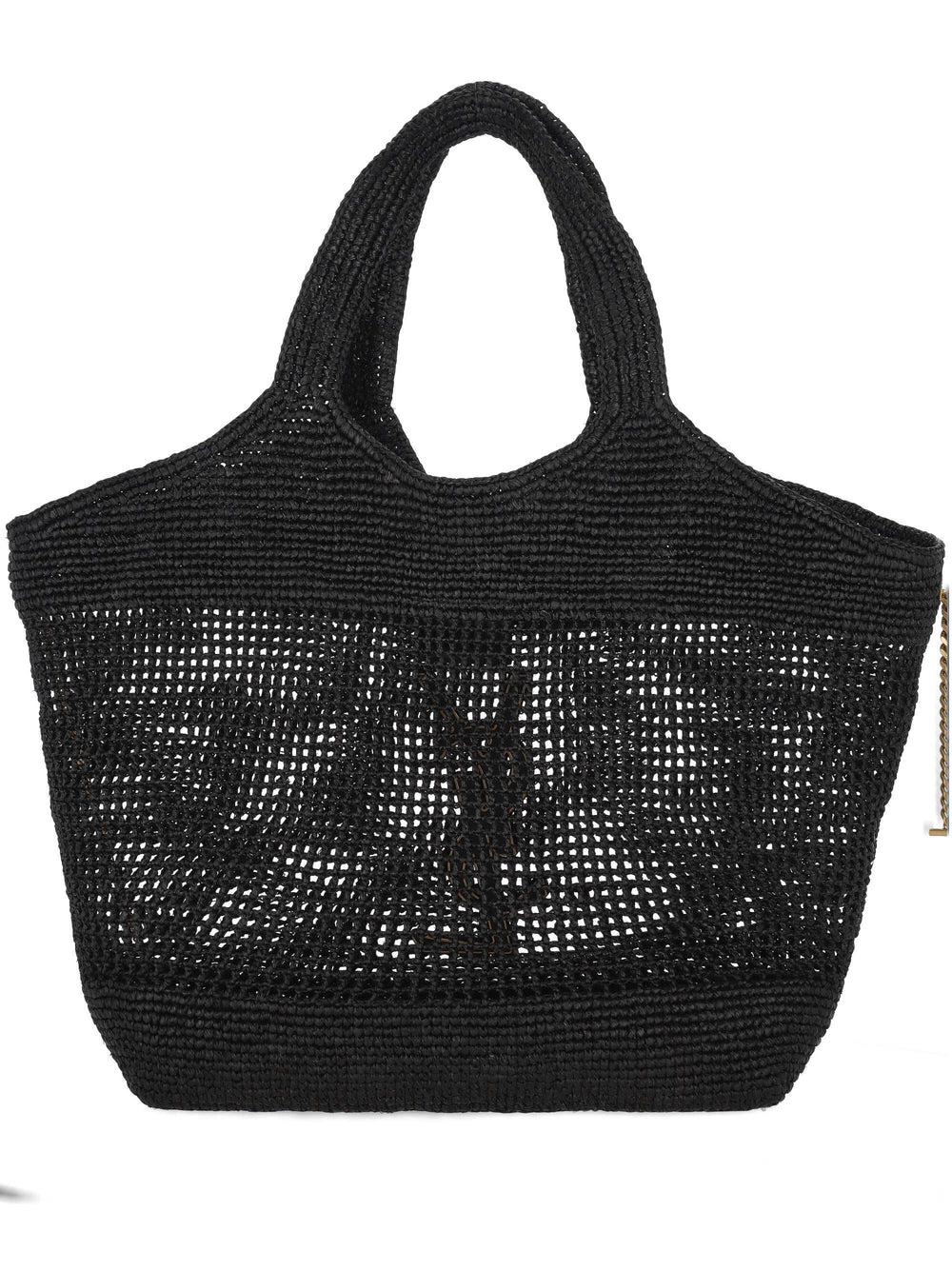 Large black raffia crochet tote bag with vegetable-tanned leather trim and gold hardware