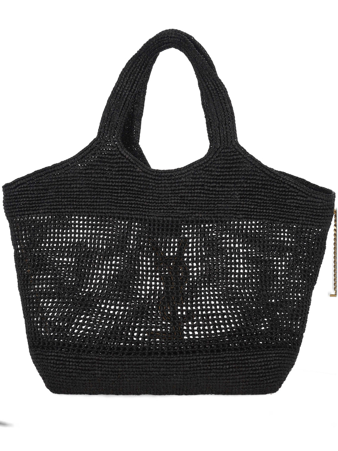 Large black raffia crochet tote bag with vegetable-tanned leather trim and gold hardware