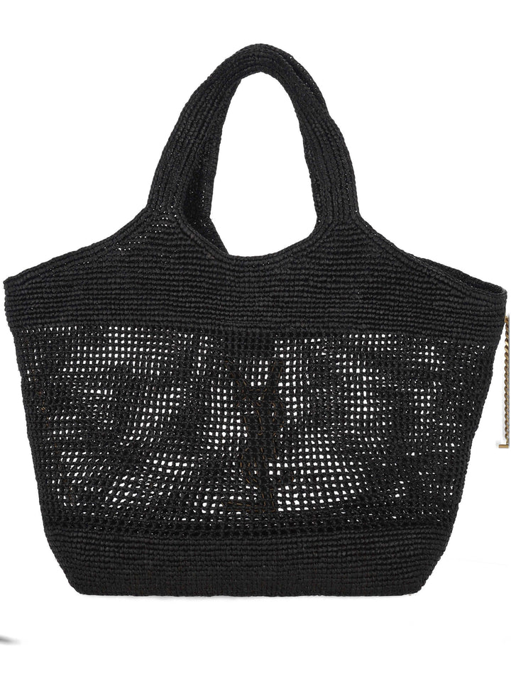 Large black raffia crochet tote bag with vegetable-tanned leather trim and gold hardware