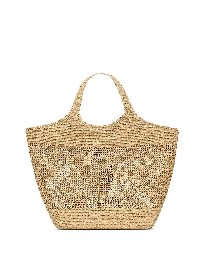 Beige hand-crocheted raffia maxi tote bag with oversized cassandre logo front view