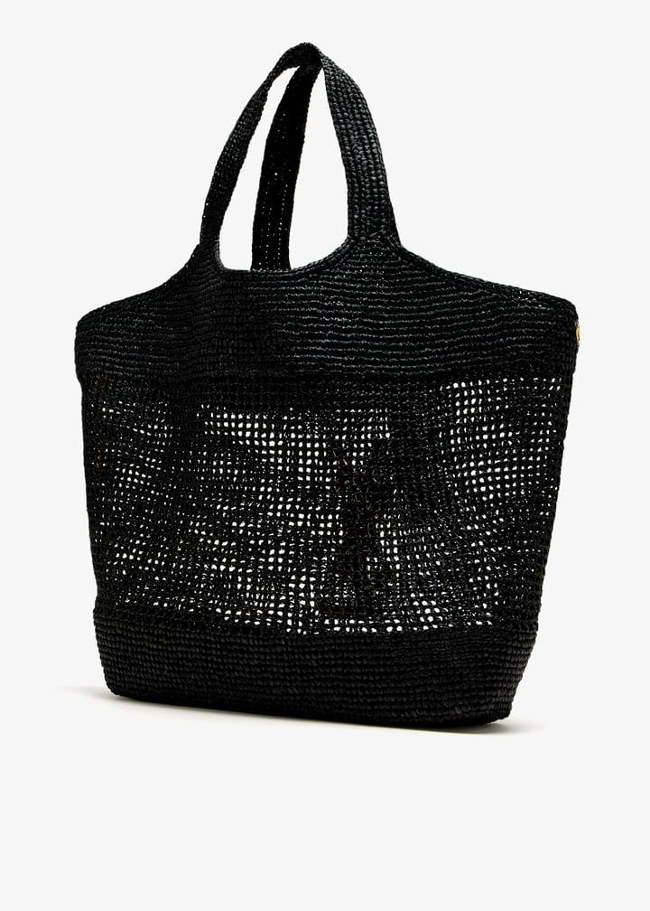 Black raffia woven tote bag with removable raffia sunglasses case on long chain