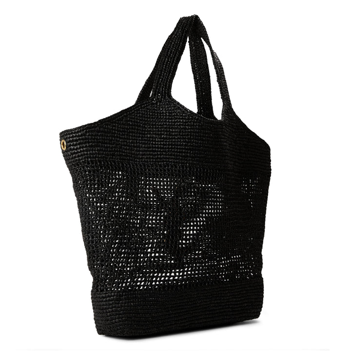 Oversized raffia crochet beach tote bag with collapsible sides and inner ties detail
