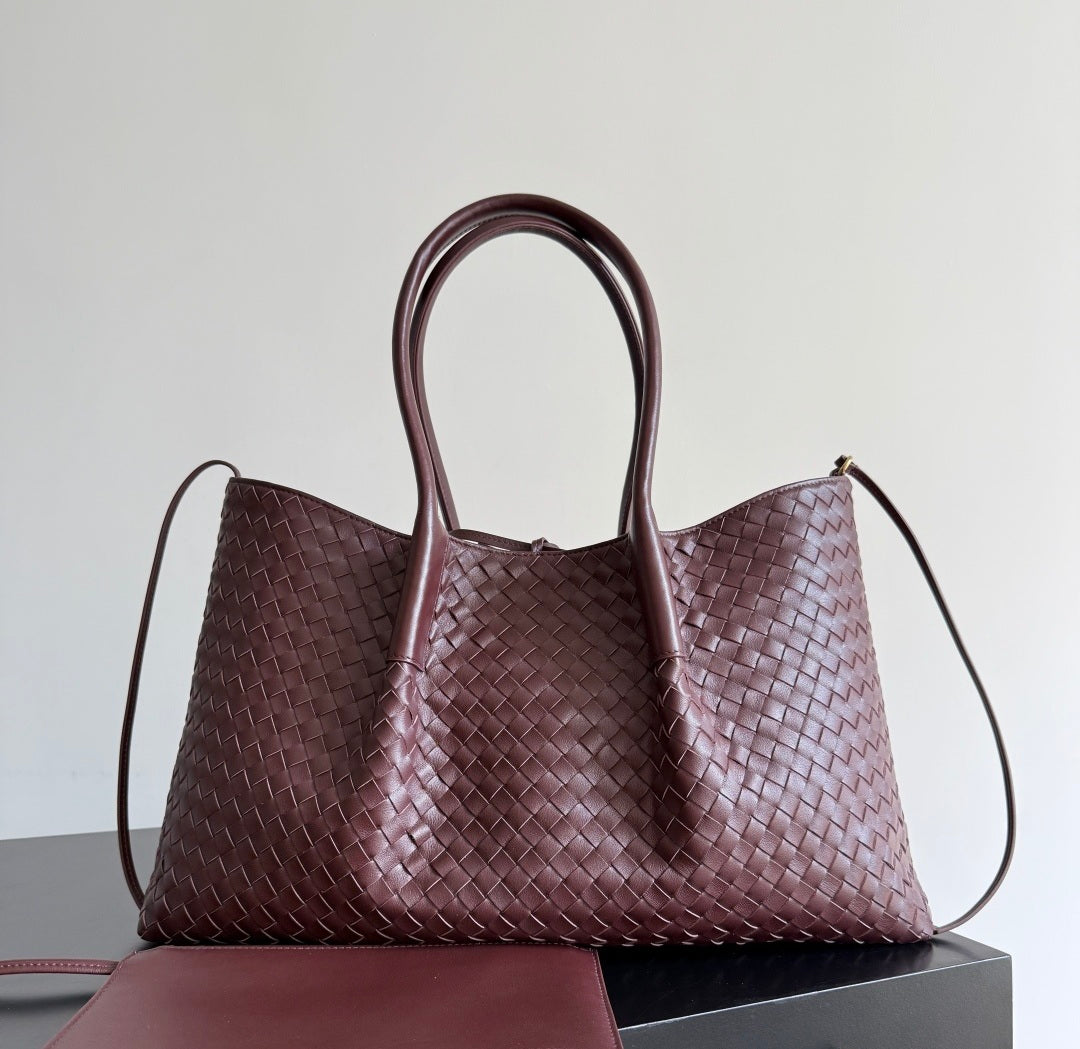 Handwoven genuine leather tote bag in burgundy navy and dark brown intrecciato weave