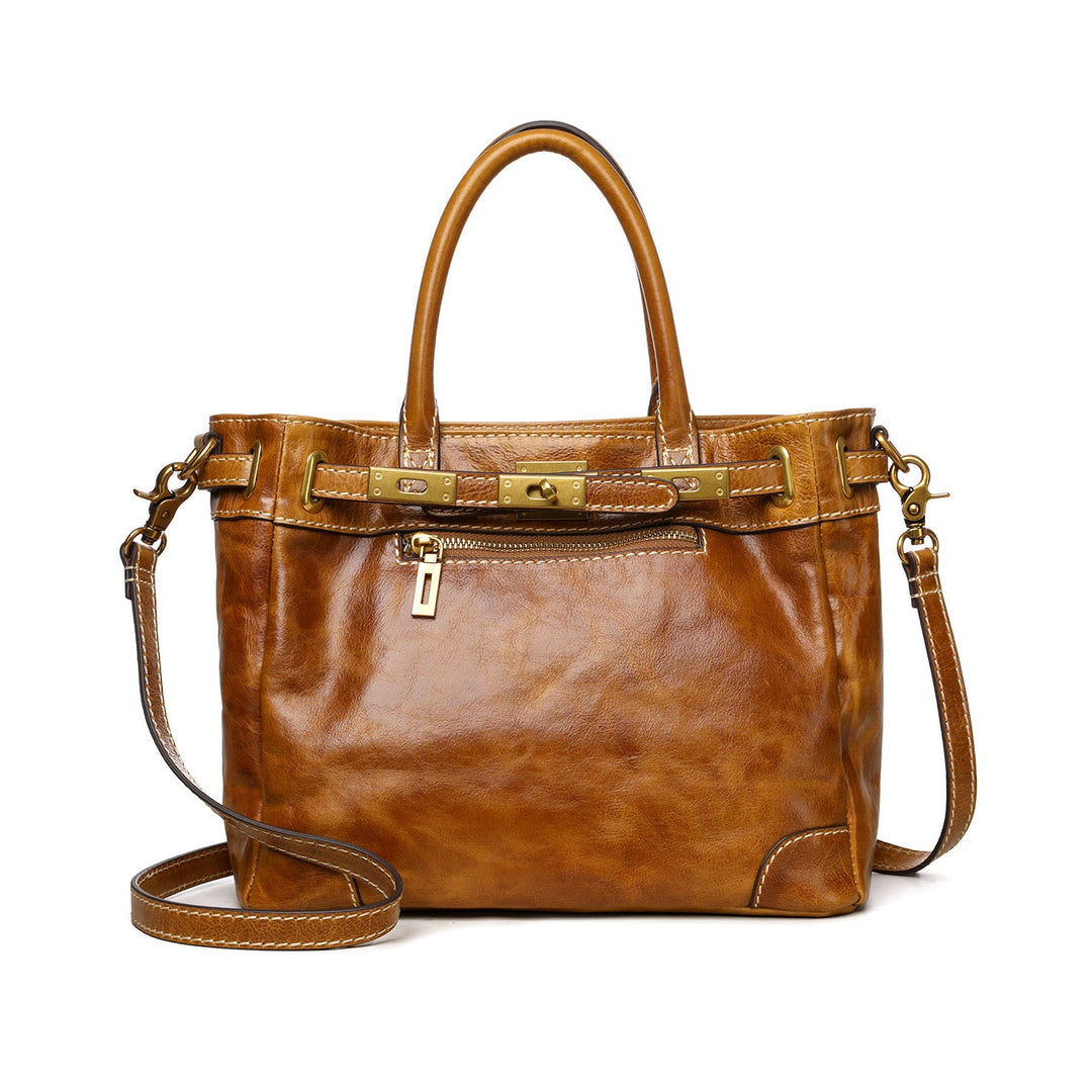 Tan leather bag back view