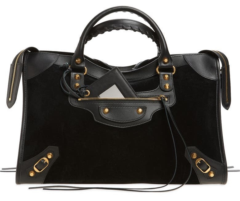 Black leather-trimmed suede tote with detachable shoulder strap product shot
