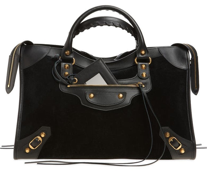 Black leather-trimmed suede tote with detachable shoulder strap product shot
