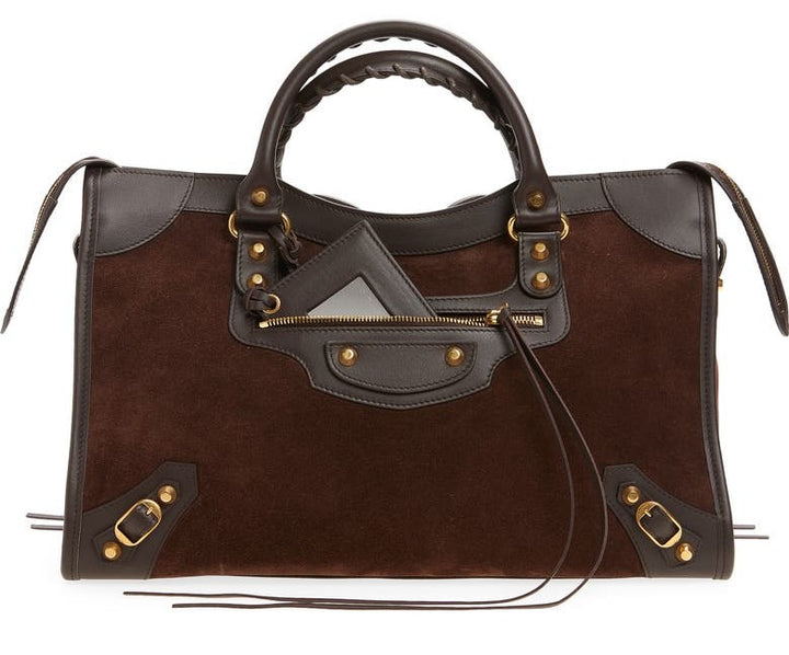 Namrico black suede tote bag close-up of gold stud detailing and front zip pocket