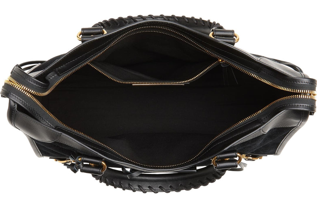 Detachable adjustable strap detail on black suede Le City tote bag
