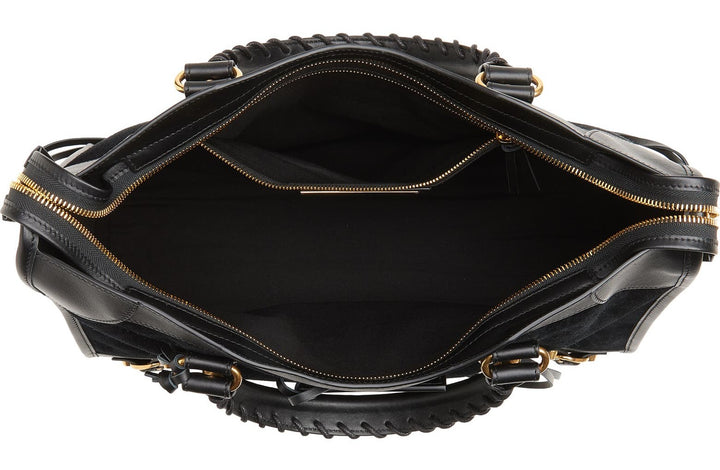 Detachable adjustable strap detail on black suede Le City tote bag
