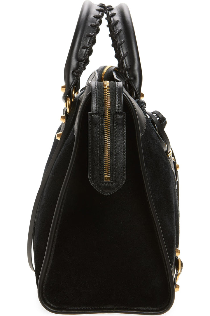 Detachable adjustable strap detail on black suede Le City tote bag
