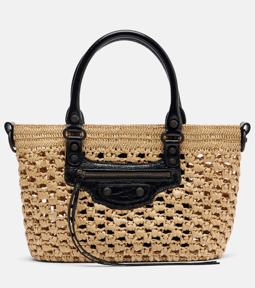 Namrico raffia woven shoulder bag front view showing open crochet stitch texture