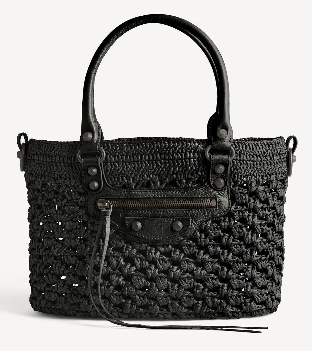 Full black raffia shoulder bag side view showing structured woven silhouette